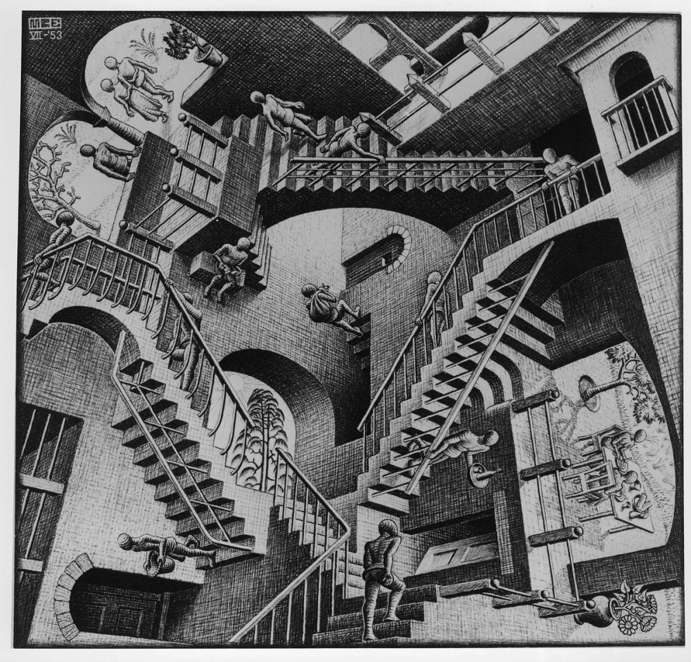 A lithograph print by the Dutch artist M. C. Escher, titled "Relativity." It depicts a world in which the normal laws of gravity do not apply.